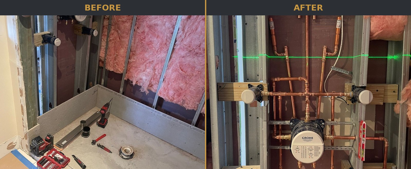 Bathroom remodel rough-in before and after comparison