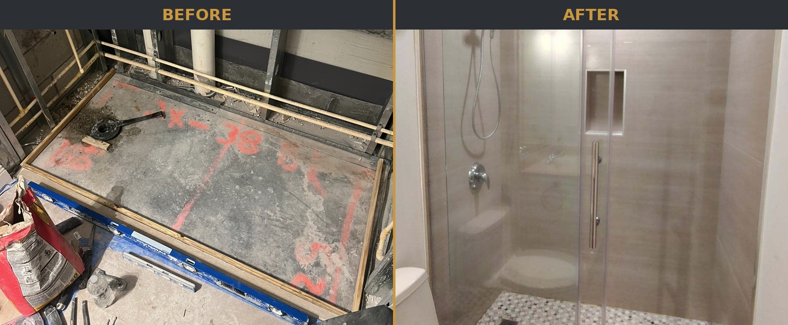 Glass shower enclosure before and after comparison